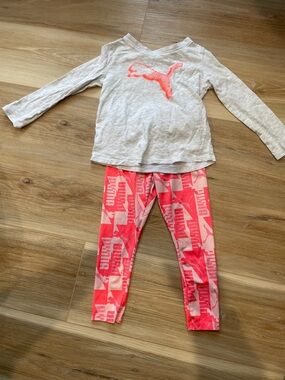 Puma Girls Light Gray Top with Neon Pink Logo and Pink Graphic Leggings